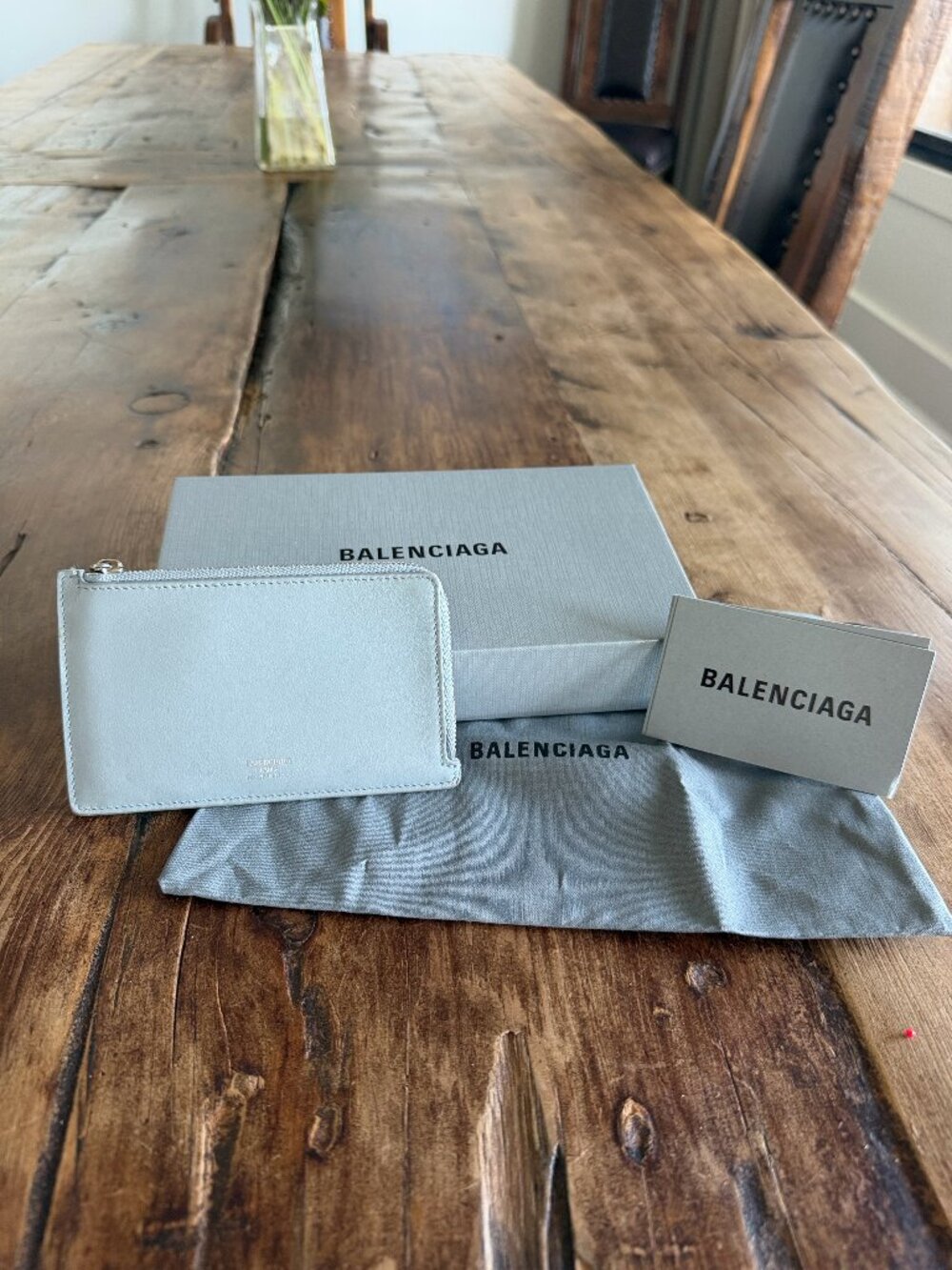 Balenciaga Leather Zip Card Holder Wallet Light Blue w/ Original Box & Dust Bag